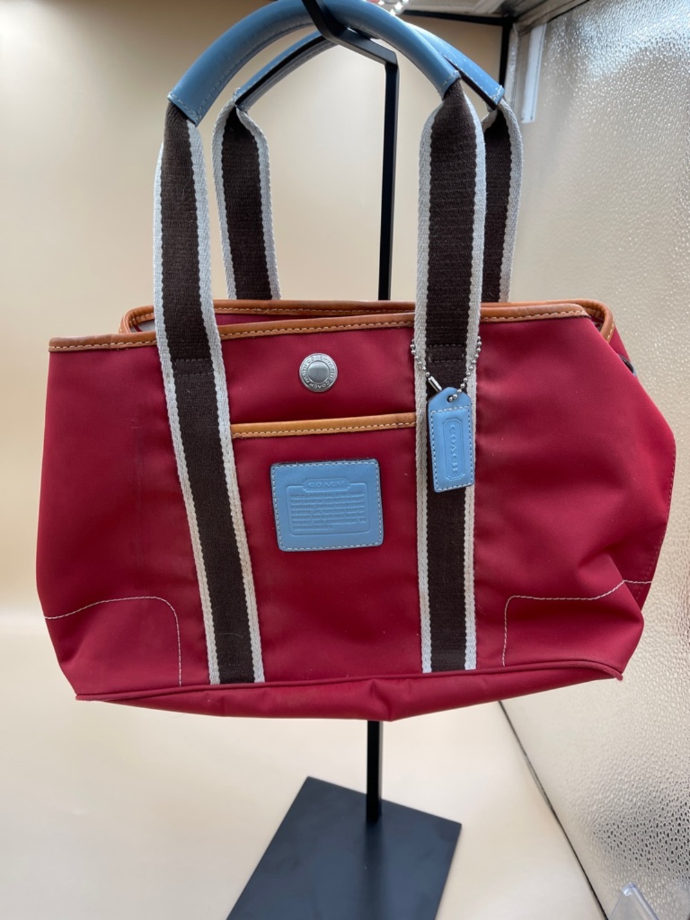Coach Red Hampton Mini Tote with Blue Leather Trim and Brown Straps  Y2K Era